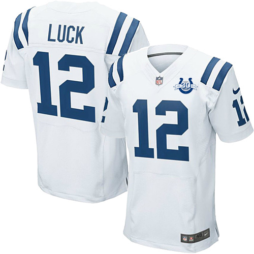 Men's Elite Andrew Luck Nike Jersey White Road - #12 30th Seasons Patch NFL Indianapolis Colts